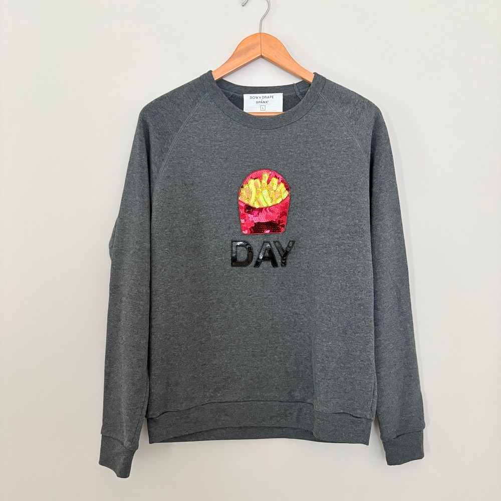Bow & Drape X Spanx Sweatshirt Fry Day Large Gray Sequin Graphic Pullover - Picture 2 of 6